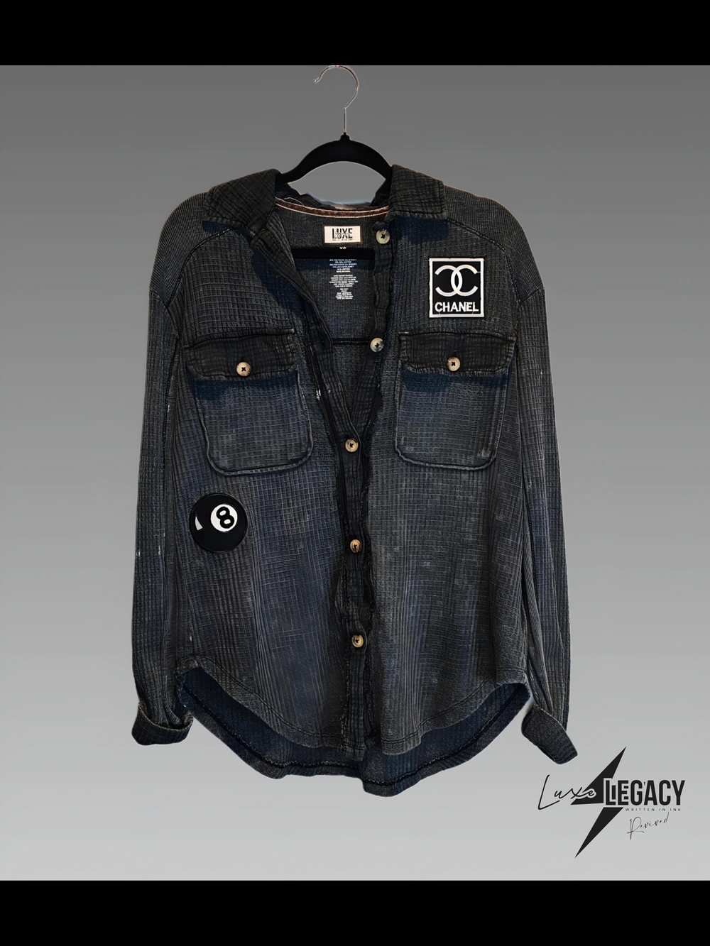 Black Button-Down Women's Shirt with Patch Details